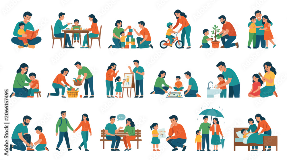 Fototapeta premium Flat Vector Icons of Family Activities, Parenting, Childhood, Togetherness