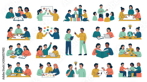 Education Concept Flat Illustration with Diverse Students and Teachers Learning, Studying, and Collaborating