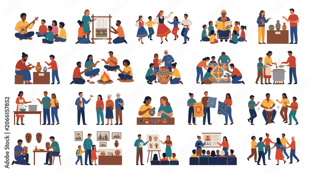 Fototapeta premium Cultural Heritage Traditional Arts Education Flat Vector Illustration. People Learning Crafts, Music, Culture