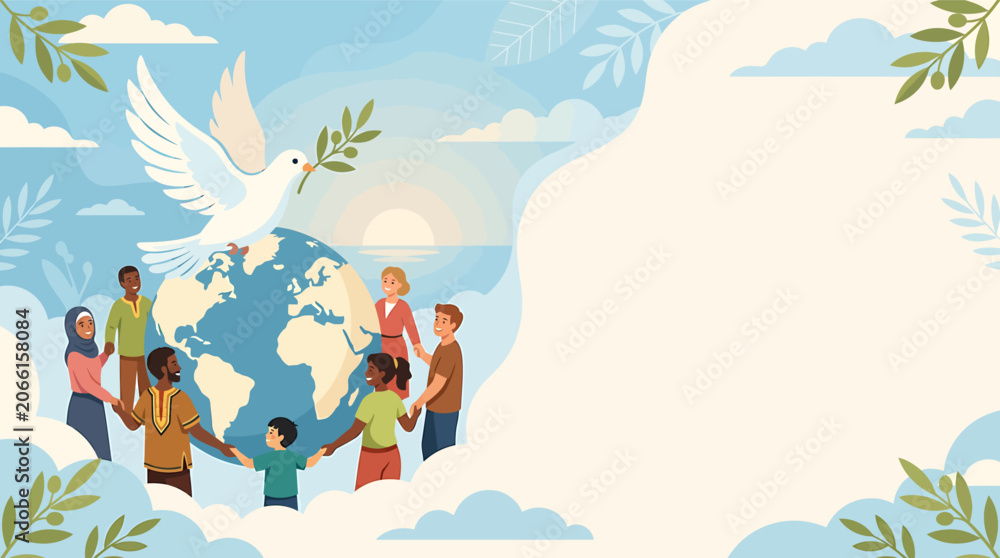 Fototapeta premium Diverse People Holding Hands Around Earth with Peace Dove Illustration