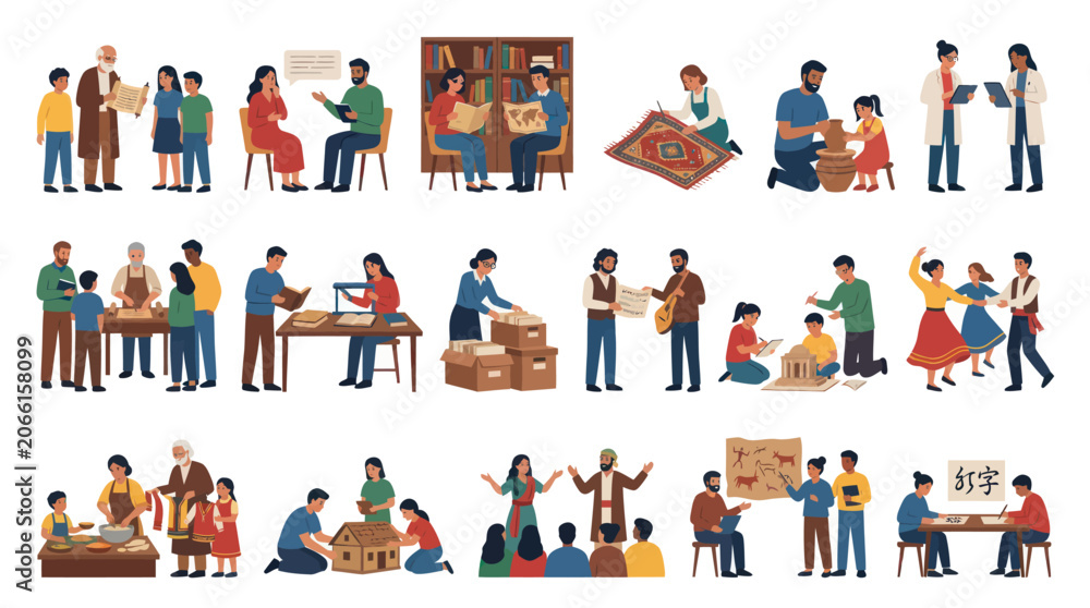 Fototapeta premium Diverse people learning, playing, and creating in a vibrant, flat illustration style.