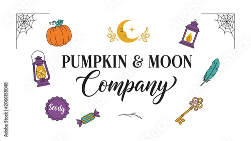Konstfotografi Pumpkin & Moon Company Logo: A whimsical graphic illustration featuring a pumpkin, crescent moon, lanterns, spiderwebs, a feather, a key, candy, and a circular Seedy tag