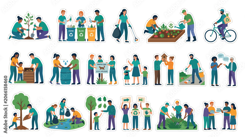 Fototapeta premium Diverse People in Flat Style Engaged in Eco-Friendly Activities like Recycling and Gardening