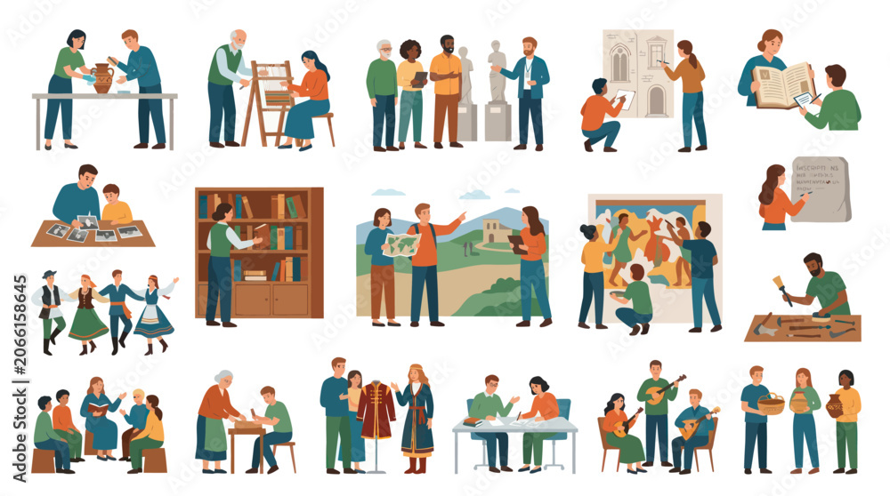 Fototapeta premium Flat Illustration Vector of People Engaged in Cultural, Arts, Education, and Creative Hobbies Activities