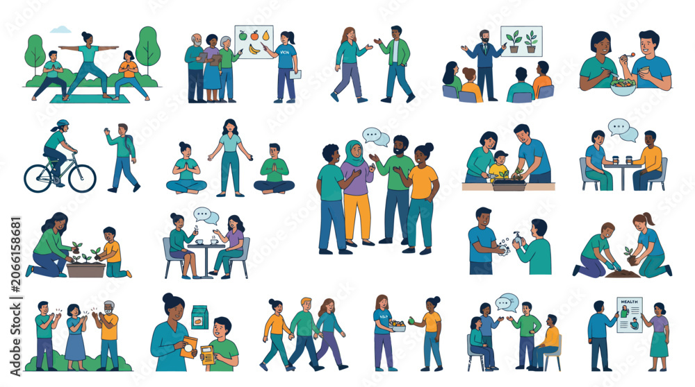 Fototapeta premium Diverse Community Health and Wellness Flat Vector Illustrations: People Practicing Healthy Lifestyle Habits