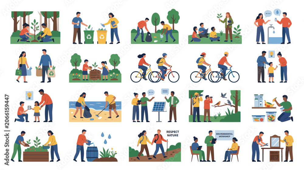 Fototapeta premium Eco-friendly activities: people planting, recycling, biking, teaching, saving water
