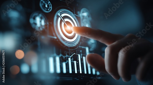 Digital marketing dashboard with glowing analytics and target icons