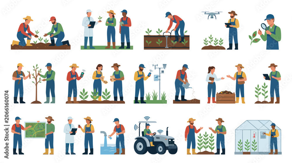 Fototapeta premium Modern Farming Technology: Farmers using drone, tractor, tablet, and greenhouse