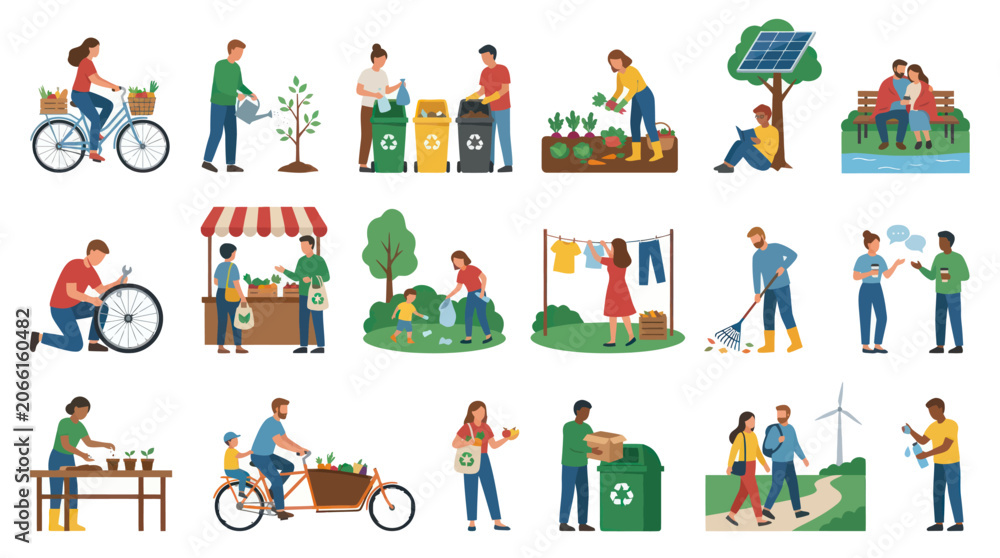 Fototapeta premium Diverse People Embracing Sustainable Lifestyle, Flat Vector Art