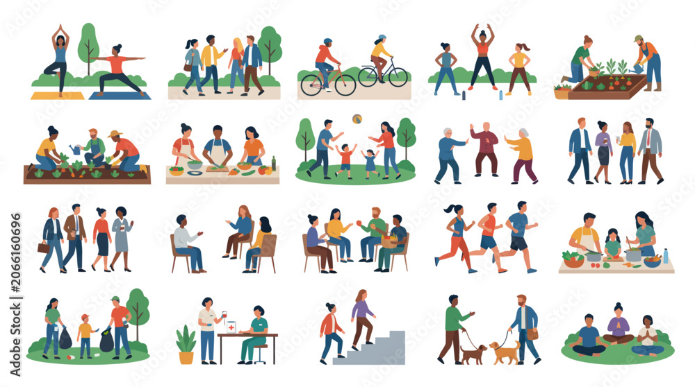 Naklejka premium Flat vector illustration of diverse people enjoying healthy activities and community engagement
