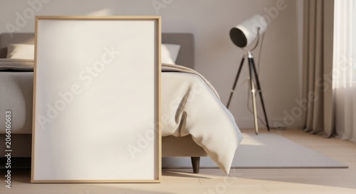 Minimalist bedroom corner with blank canvas and modern tripod lamp