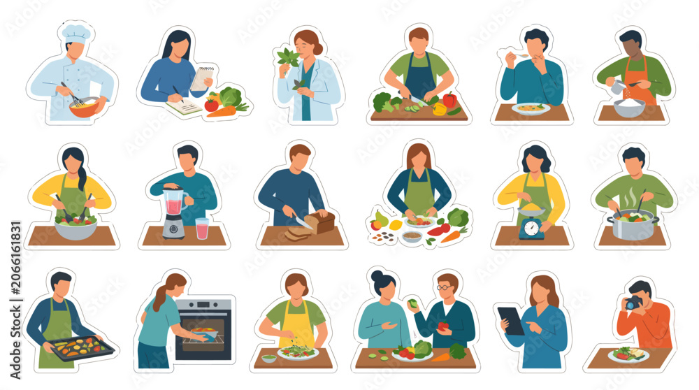 Fototapeta premium Flat Vector Illustration of People Cooking, Preparing Meals, and Healthy Food in Kitchen for Culinary Lifestyle