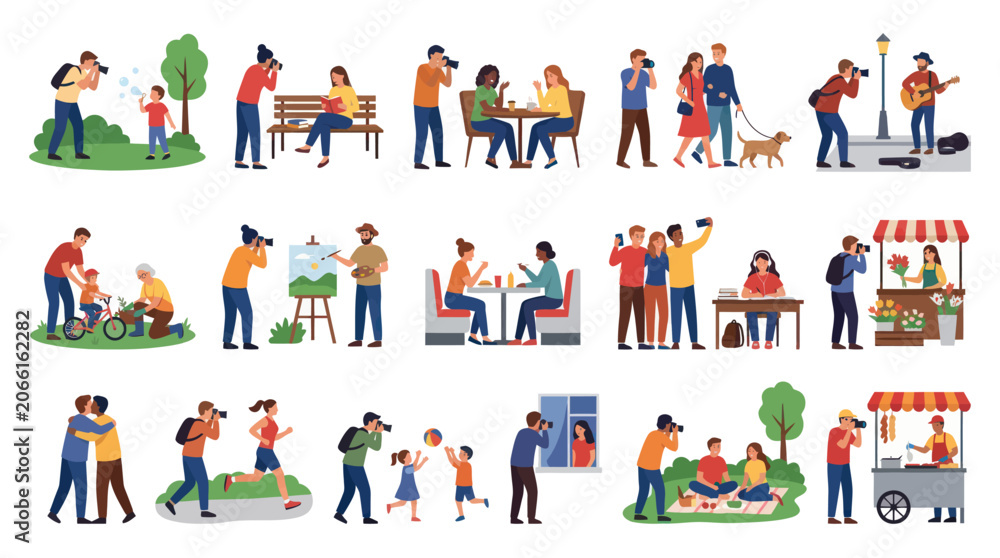 Fototapeta premium People Lifestyle Flat Vector Illustration Set: Diverse Social Activities, Hobbies, and Daily Life Scenes