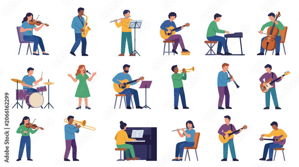 Fototapeta premium Flat Design Vector Illustration of People Playing Musical Instruments in Various Poses - Music Arts Collection