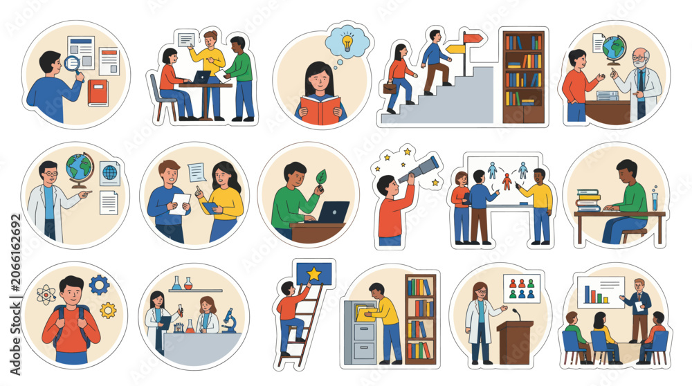 Fototapeta premium Flat Vector Education Learning Illustrations: Students, Teachers, and Academic Processes