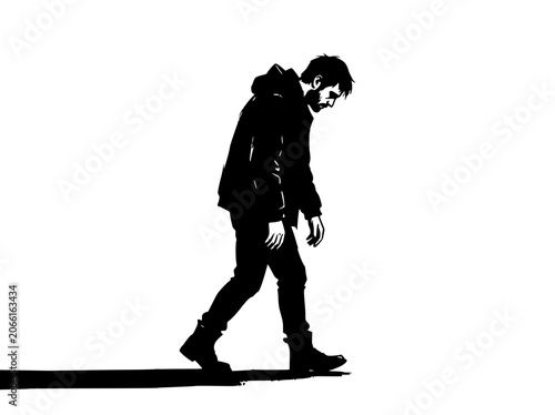 Solemn Man Walking Silhouette, Depression Concept, Isolated on White Background
