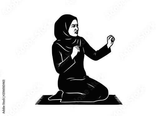 Furious Muslim Woman in Hijab Kneeling, Ready to Fight