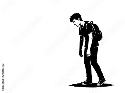 Sad Teenager with Backpack Walking Down, Exhausted Student, Loneliness