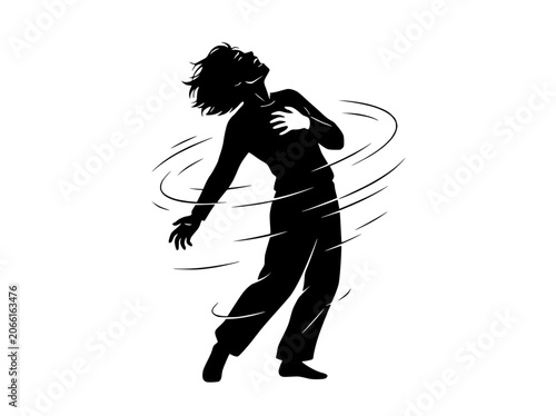 Silhouette of person with head tilted back, caught in a swirling motion
