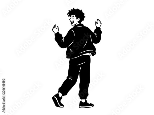 Young man dancing and having fun, isolated on white background, vector illustration