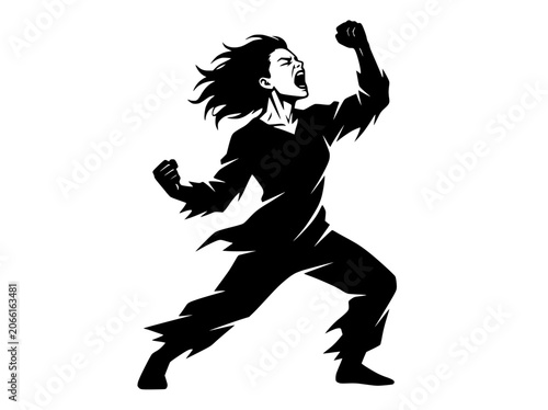 Fierce Woman Shouting, Fist Pump, Power, Protest, Strength, Silhouette
