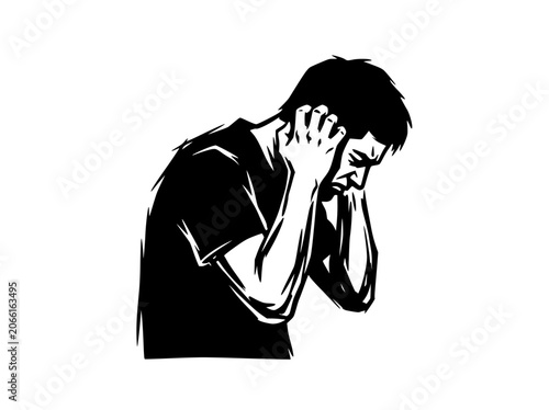 Man covering ears from loud noise, stress, anxiety, mental health concept