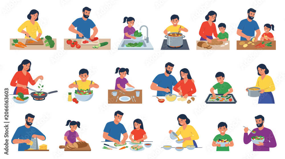 Fototapeta premium Flat Style Illustration of Families Cooking Together, Healthy Food Preparation