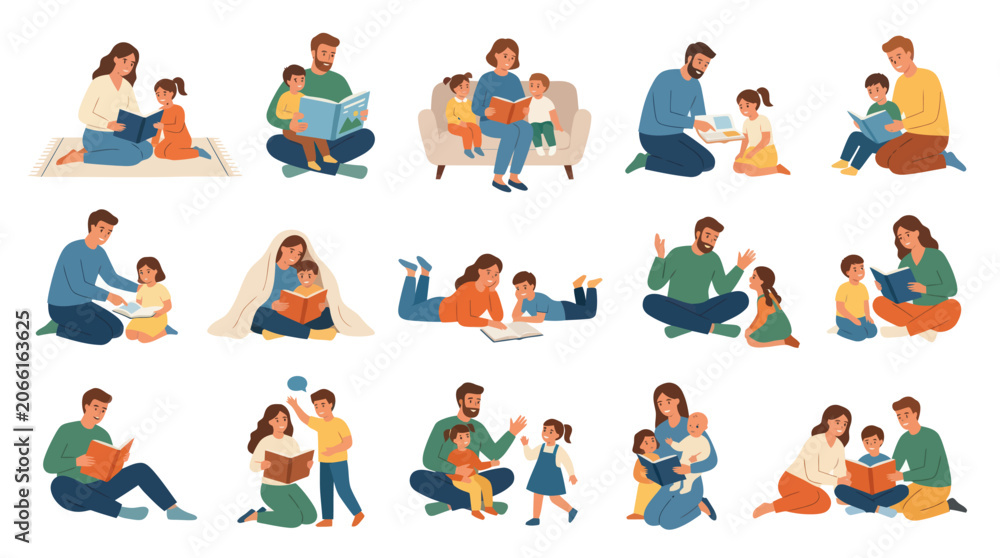 Fototapeta premium Diverse Family Reading Books Together - Flat Design Illustration