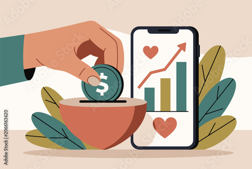 Human hand depositing dollar coin in charity bowl next to mobile phone showing donation trends and heart icons.