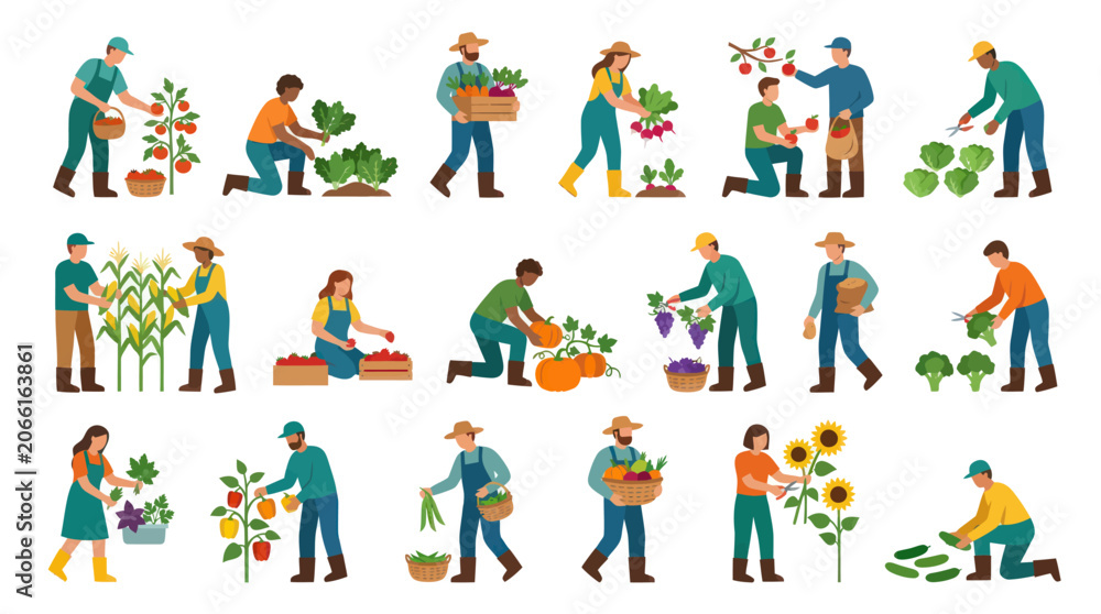 Fototapeta premium Farmers Harvesting Fresh Vegetables and Fruits, Flat Vector Illustration