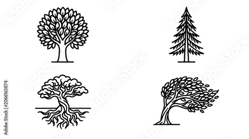 Quadro su tela Tree Icons: Deciduous, Conifer, Roots, Wind - Line Art Collection