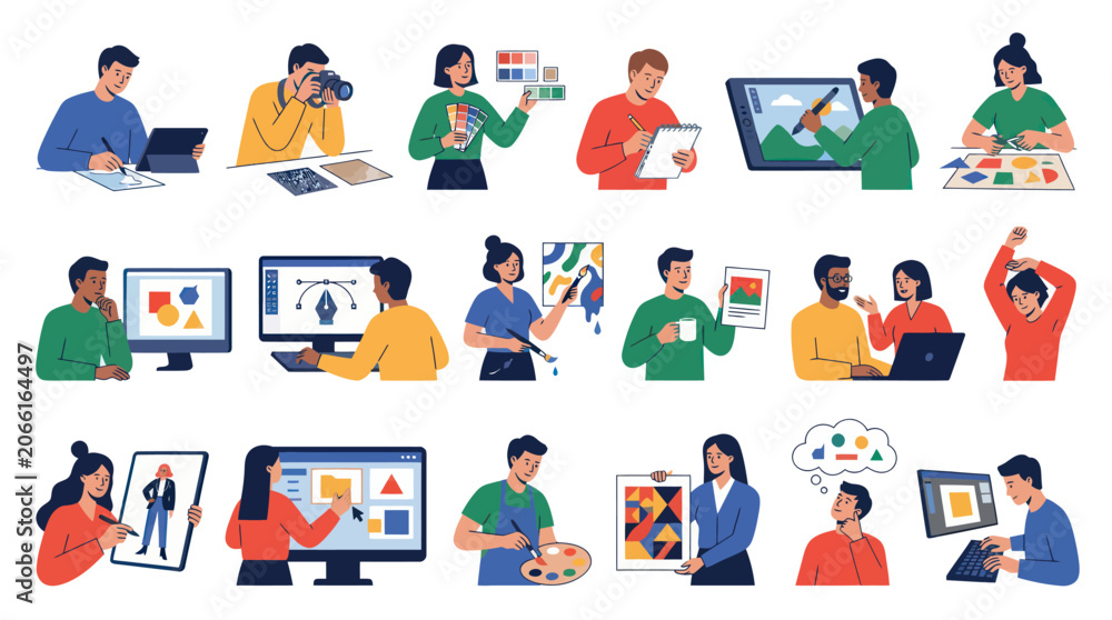 Fototapeta premium Creative Design Process Flat Vector Illustration: Artists and Designers Working with Digital Tools Art Supplies