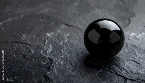 Glossy polished jet black gemstone sphere on dark textured slate stone background