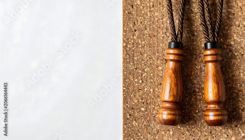 Premium leather jump rope with wooden handles on warm beige background with shadow