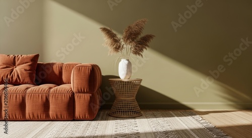 Cozy living room corner with terracotta sofa and dried floral arrangement