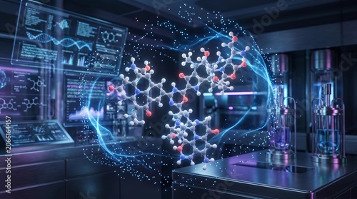 Intricate molecular structure model floating within a luminous blue light field inside a high technology laboratory setting captured with sharp focus and cinematic dark blue lighting