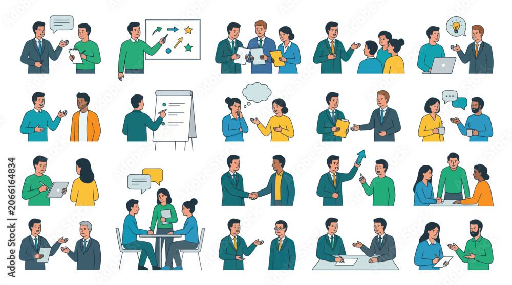 Fototapeta premium Linear Flat Vector Business People Communication Illustrations. Corporate Teamwork, Meeting Brainstorming Icons