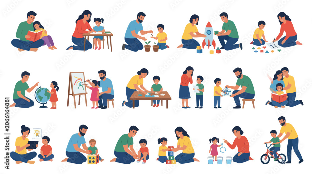 Fototapeta premium Flat Illustration: Parents and Children Engaged in Family Education, Learning, and Development Activities