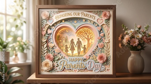 Beautifully crafted paper cut art featuring a happy family silhouette inside a glowing heart frame to celebrate parents day with soft pastel colors and floral accents