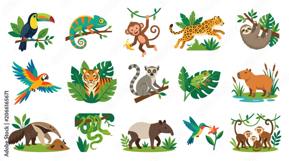 Fototapeta premium Flat Design Jungle Animals: Toucan, Monkey, Leopard, Sloth, Parrot, Tiger, Lemur, Frog, Capybara