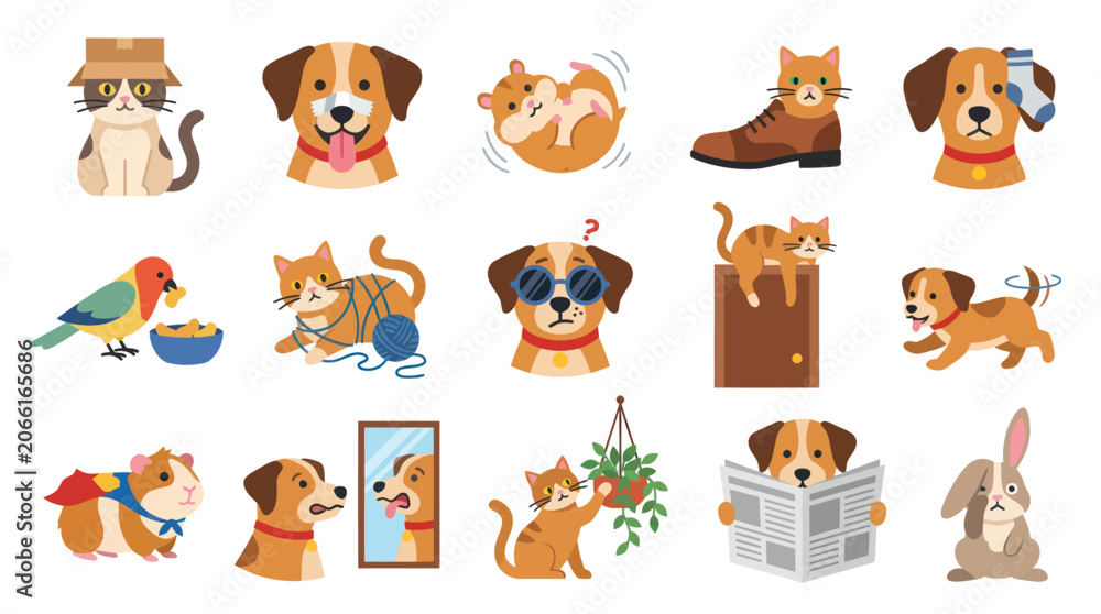 Fototapeta premium Cute Animals Flat Vector Illustrations: Pets, Birds, Guinea Pig, Bunny