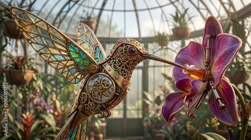 Intricate mechanical hummingbird crafted from polished brass and stained glass hover near a metallic purple orchid flower inside a bright sunlit Victorian style glass greenhouse conservatory