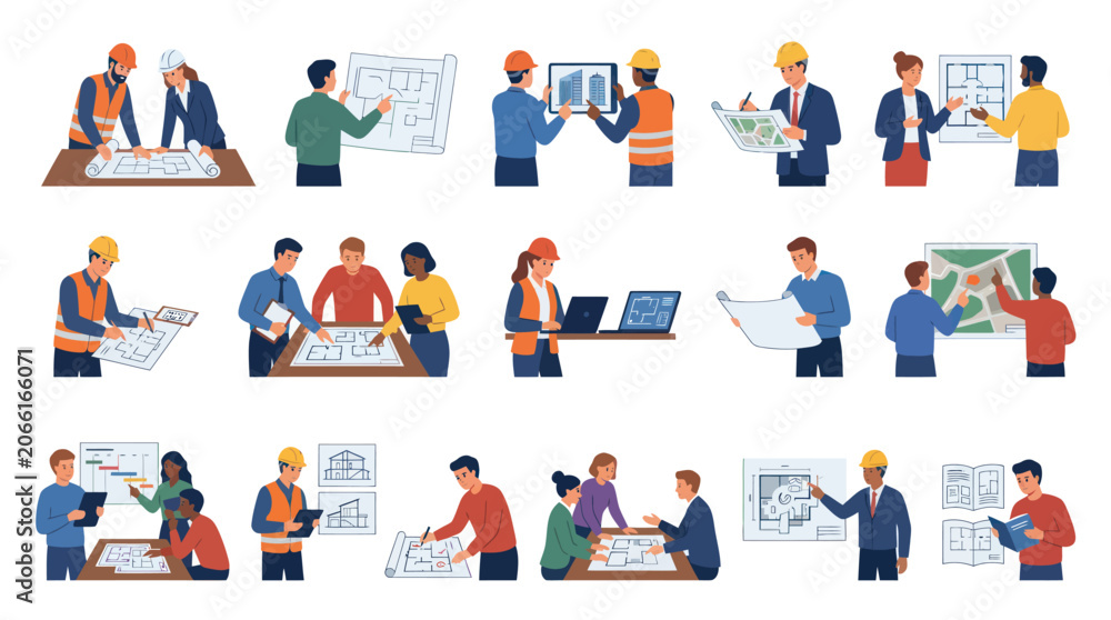 Fototapeta premium Architecture and Construction Industry Professionals Team Working with Blueprints, Plans, Engineering - Flat Design Vector Illustration