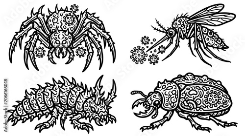 Obraz na płótnie Insects with Viruses: Spider, Mosquito, Larva, Beetle