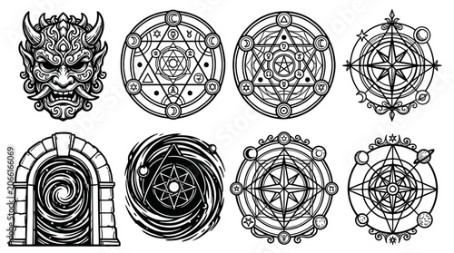 Фотография Esoteric Symbols: Oni Mask, Magic Circles, Portal, Compass
