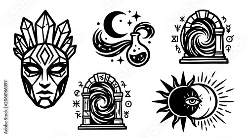 Tableau sur toile Mystical Symbols: Crystal Head, Alchemy, Portals, Sun Moon Eye