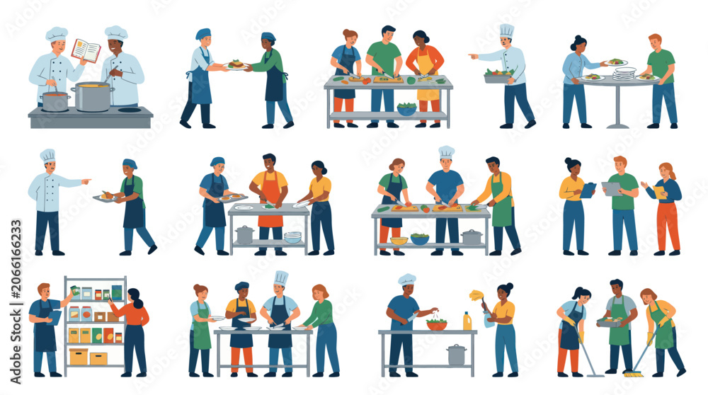 Fototapeta premium Flat Vector Illustration of Diverse Chefs and Cooks Working in Kitchen Scenes