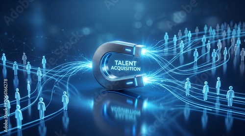 Shiny metallic magnet attracting glowing blue human silhouette icons representing professional talent acquisition strategy set against a dark reflective surface with bright electric sparks and lines