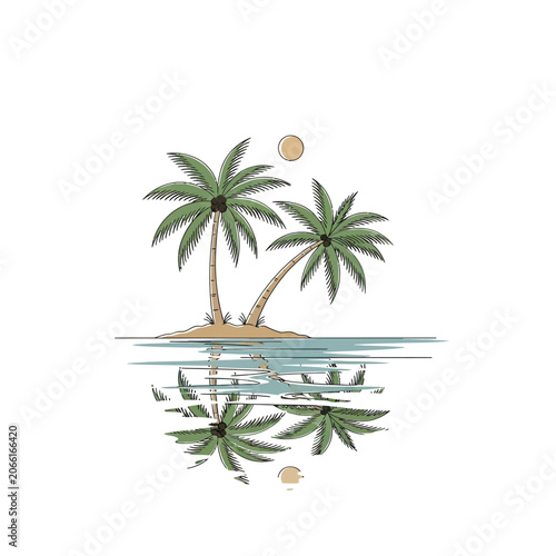Tropical island with palm trees and reflection in water.