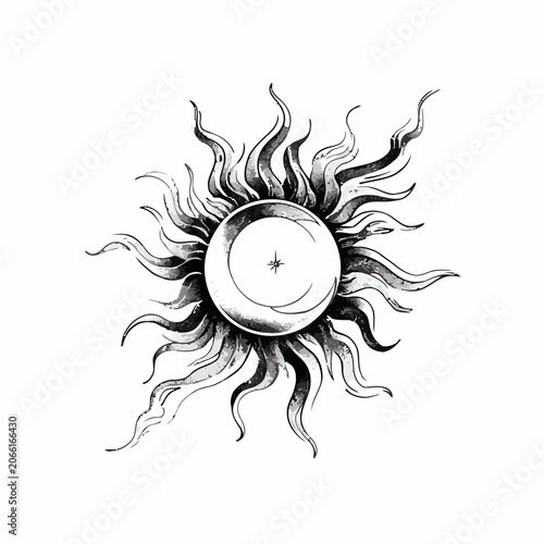 Stylized Sun Illustration with Crescent Moon Detail.